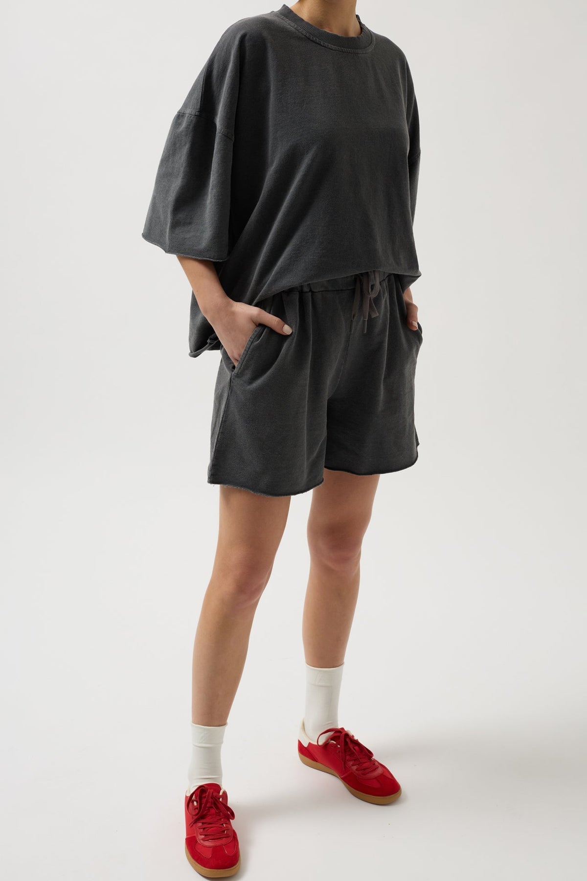 Oversize Lazer Kesim Bisiklet Yaka Antrasit T-Shirt