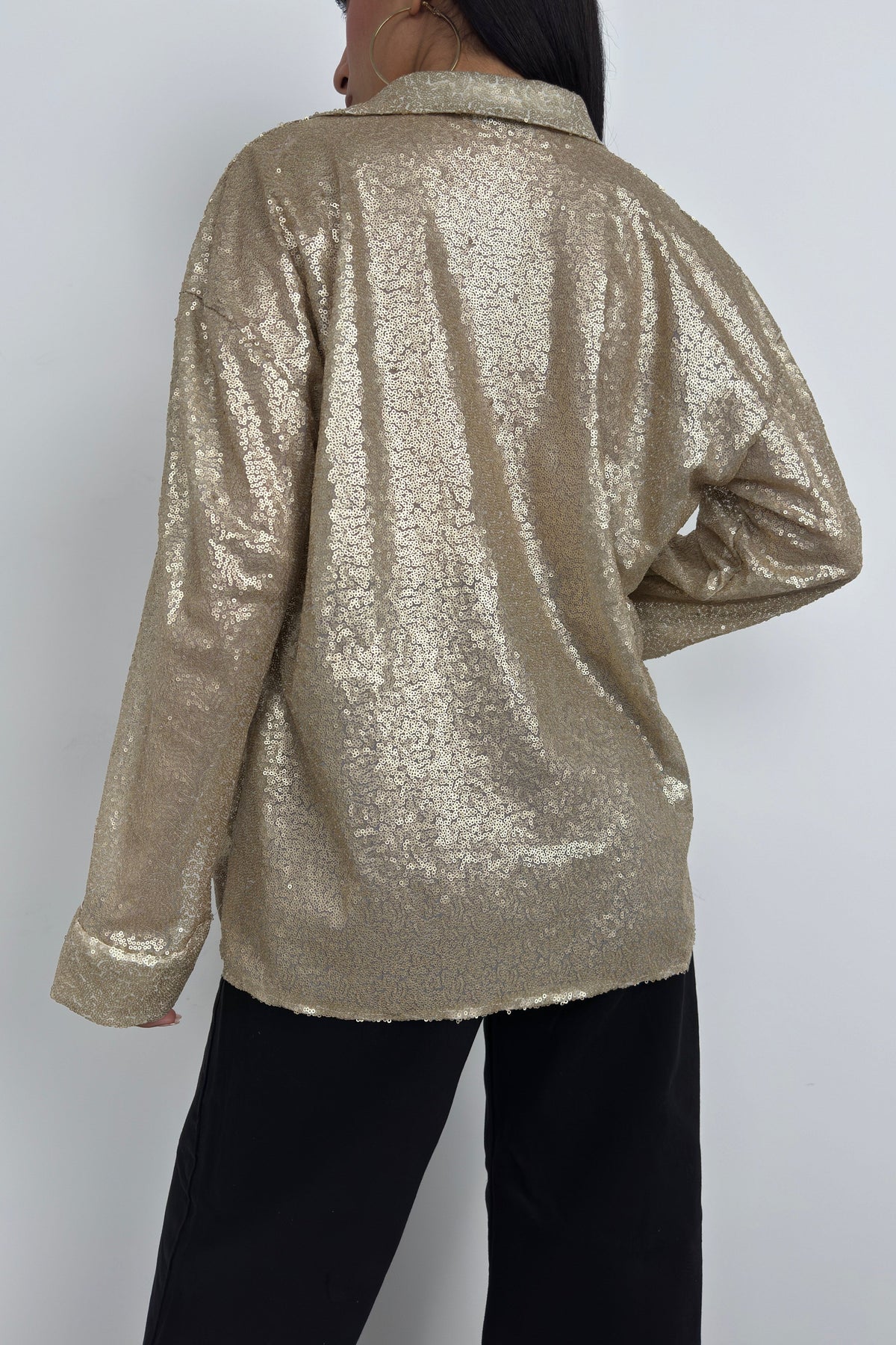 Payetli Gold Oversize Gömlek
