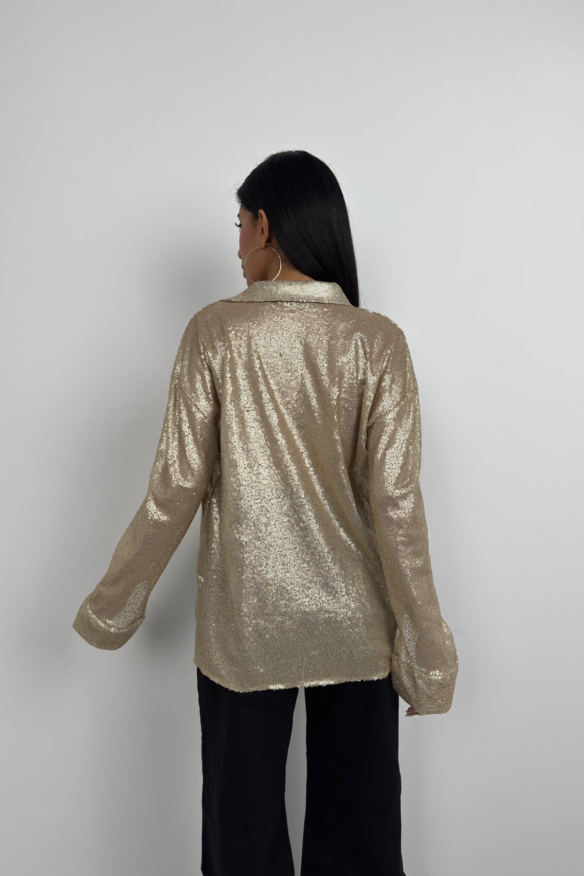 Payetli Gold Oversize Gömlek
