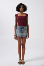 Pencere Detay Mini Dekolte Bordo Bluz
