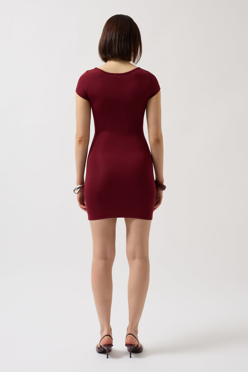 Pencere Detay Mini Dekolte Bordo Elbise