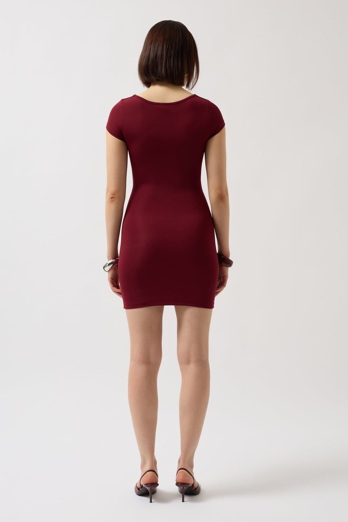 Pencere Detay Mini Dekolte Bordo Elbise