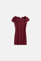 Pencere Detay Mini Dekolte Bordo Elbise