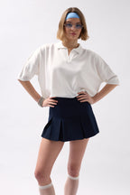 Polo Yaka Crop Dokulu Beyaz Bluz