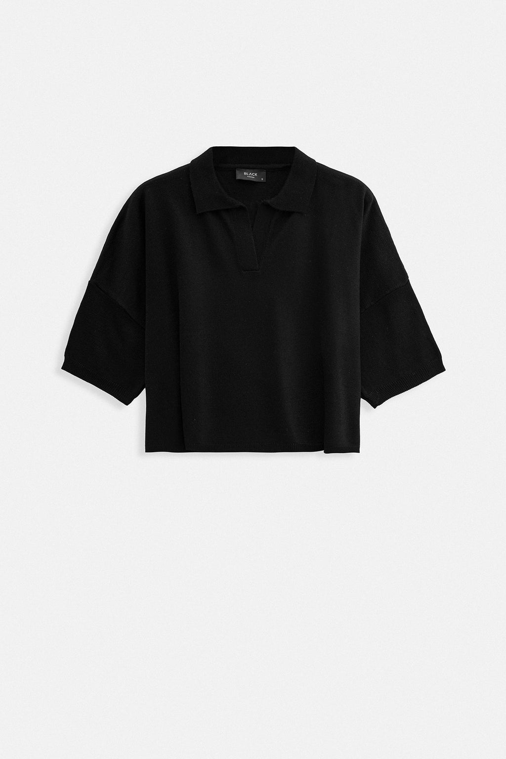Polo Yaka Crop Dokulu Siyah Bluz