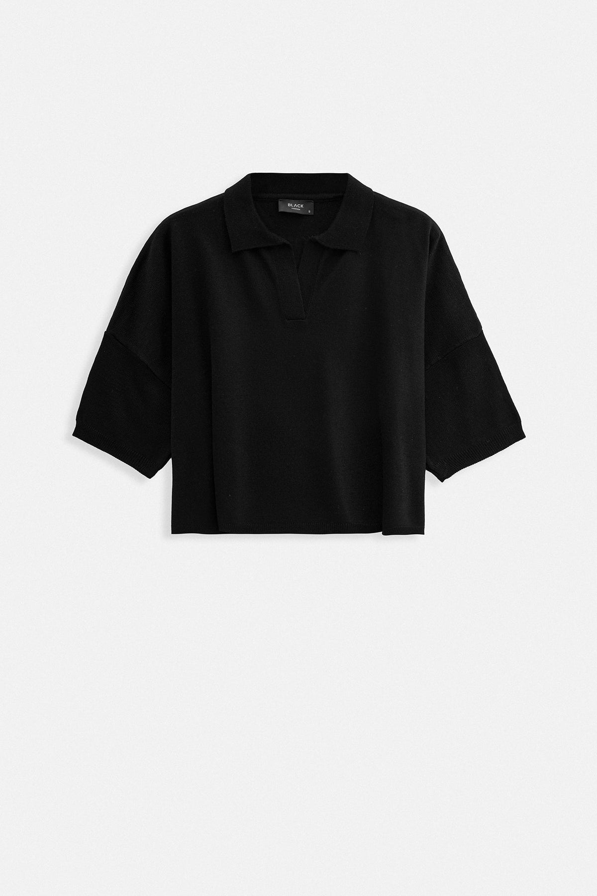 Polo Yaka Crop Dokulu Siyah Bluz