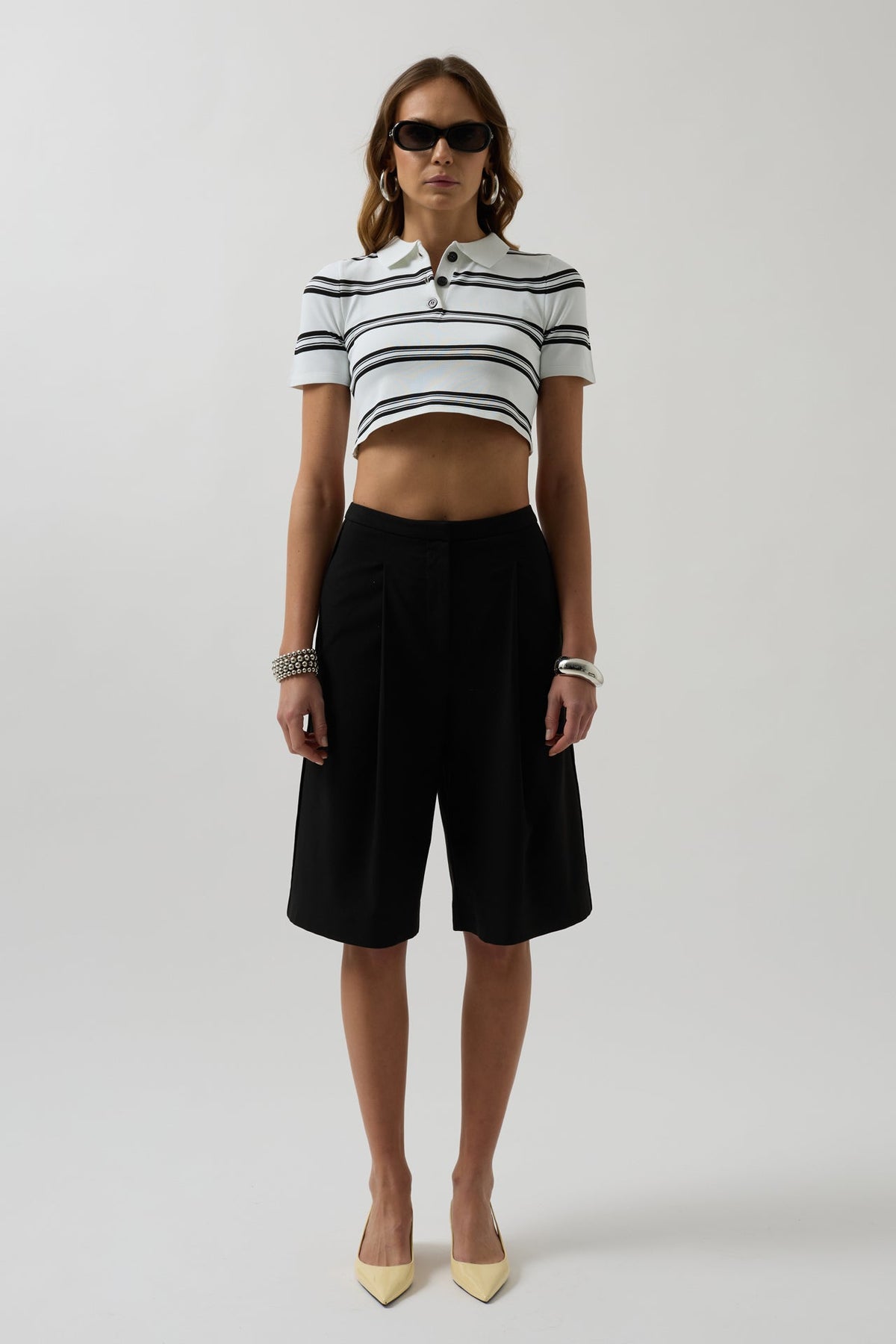 Polo Yaka Crop Beyaz T-Shirt