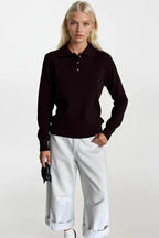 Polo Yaka Gold Düğmeli Triko Bordo Bluz