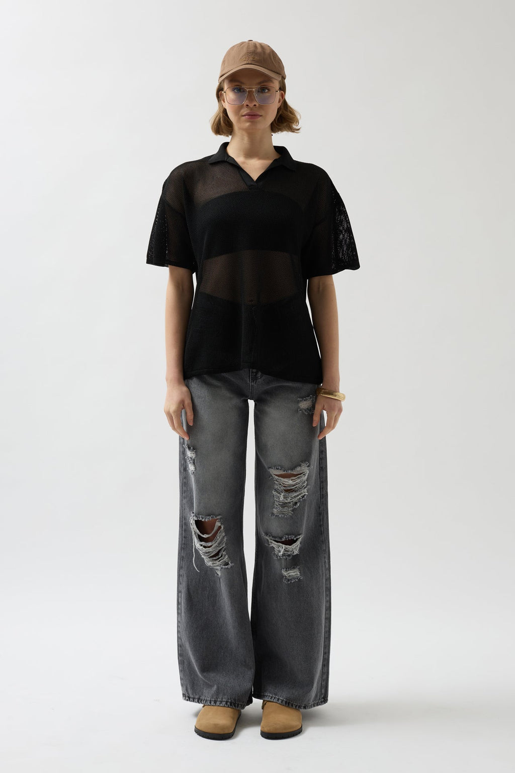 Polo Yaka Transparan Siyah T-Shirt