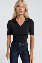 Polo Yaka Siyah Triko Crop Bluz