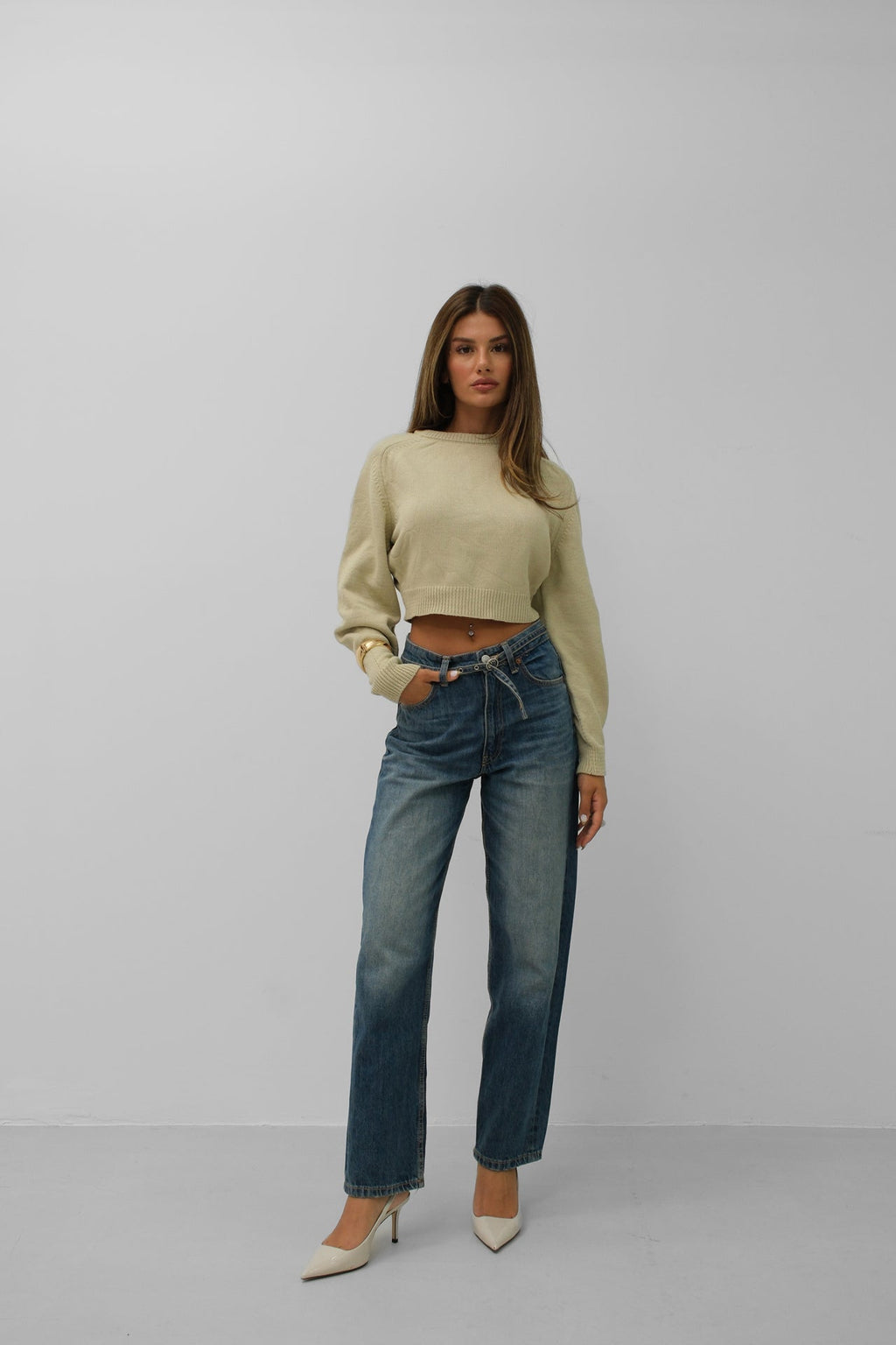 Reglan Kol Crop Bej Triko Kazak