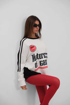 Şerit Detay Baskılı Oversize Ekru Sweatshirt