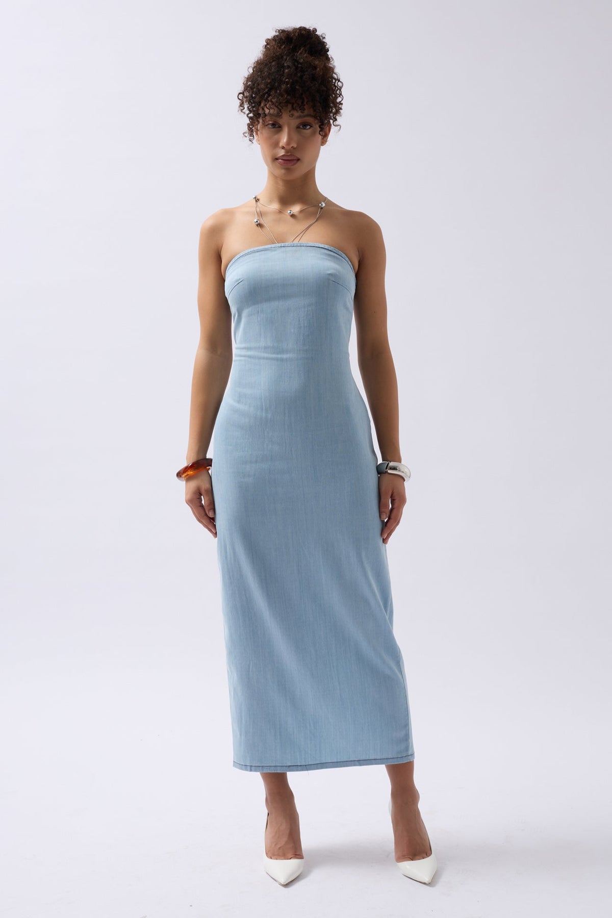 Straplez Denim Maxi Açık Mavi Elbise