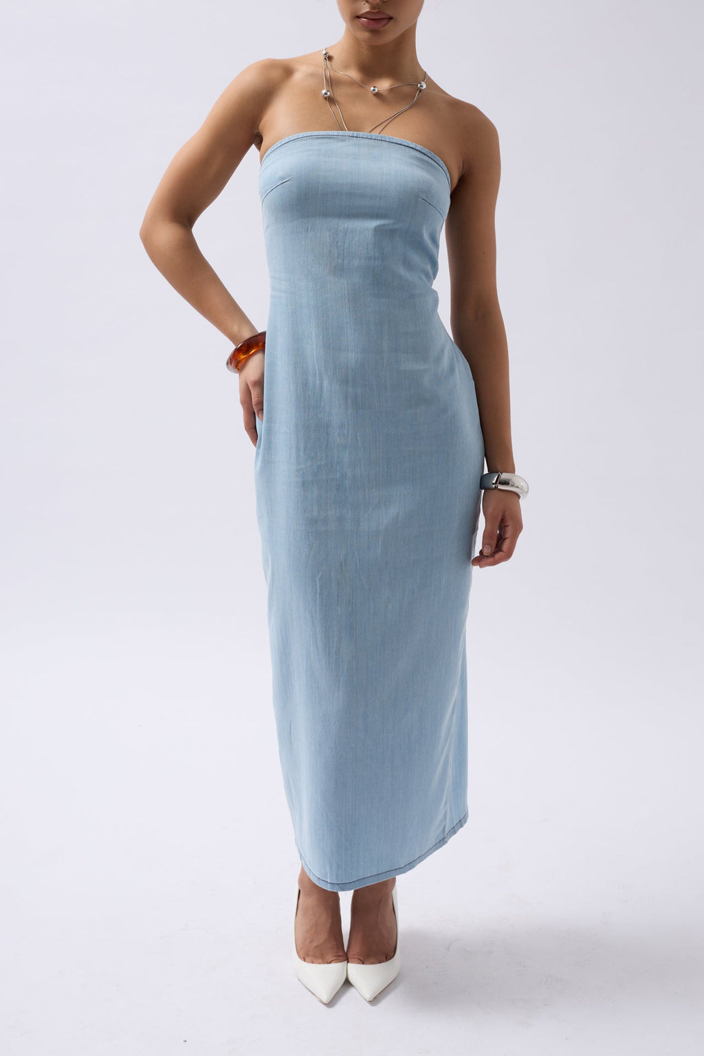 Straplez Denim Maxi Açık Mavi Elbise