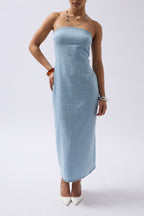 Straplez Denim Maxi Açık Mavi Elbise