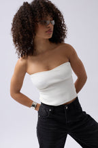 Straplez Dokulu Beyaz Crop