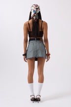 Ters Detay Denim Mini Mavi Etek