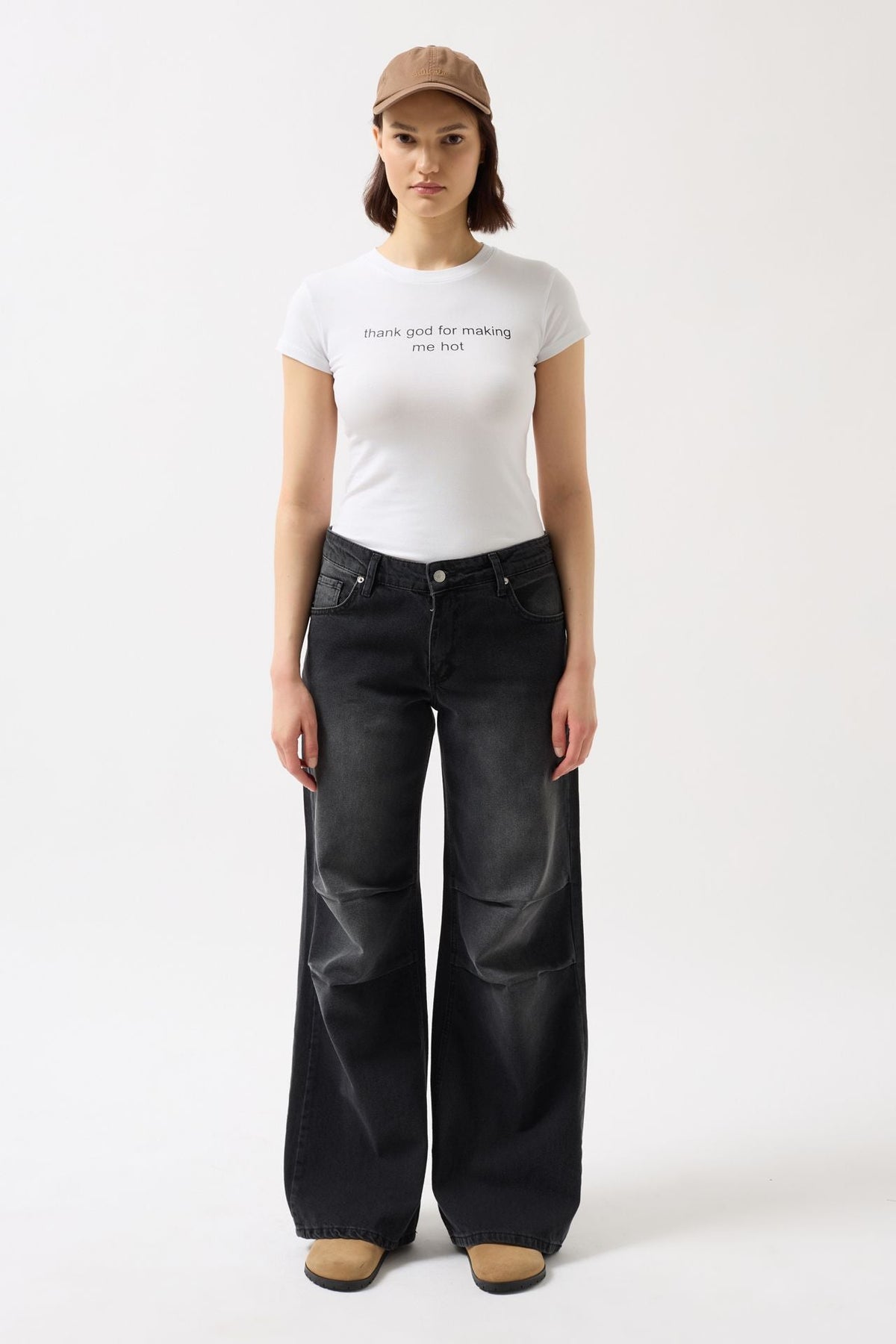 Thanks God Baskılı Likralı Crop Beyaz T-Shirt