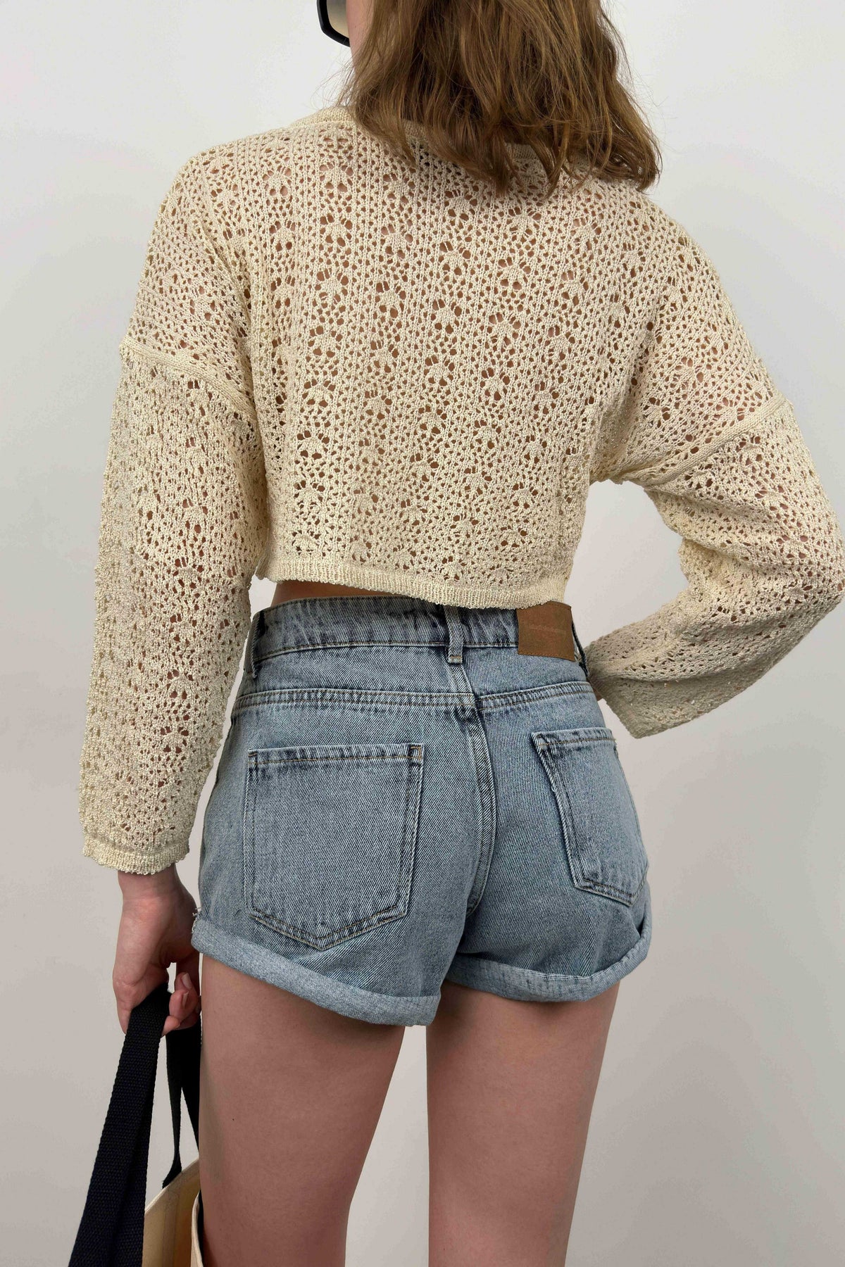 V Yaka Örgü Ekru Crop Kazak