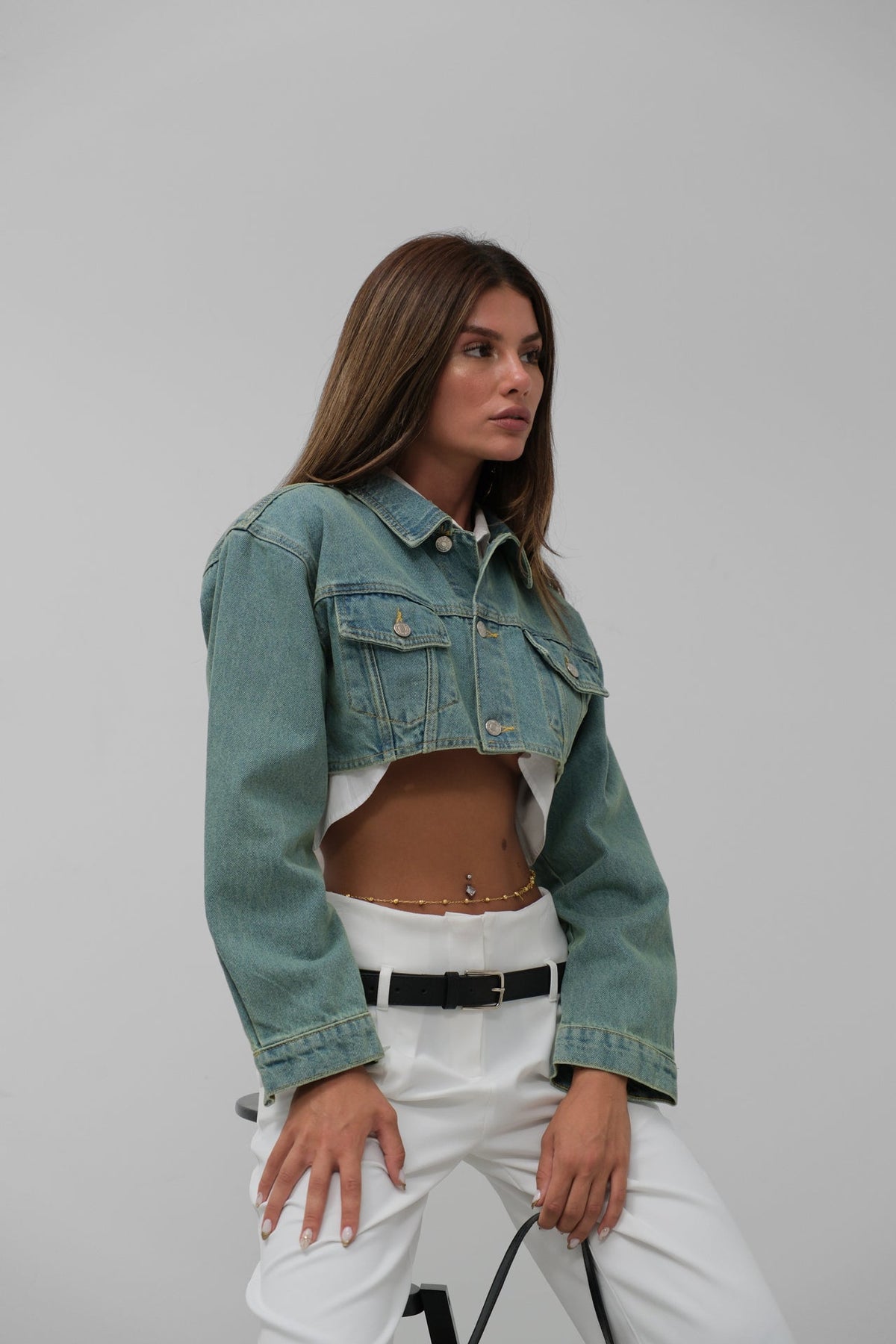 Vatkalı Crop Lacivert Kot Ceket