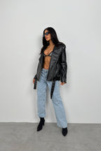 Vatkalı Oversize Siyah Biker Ceket