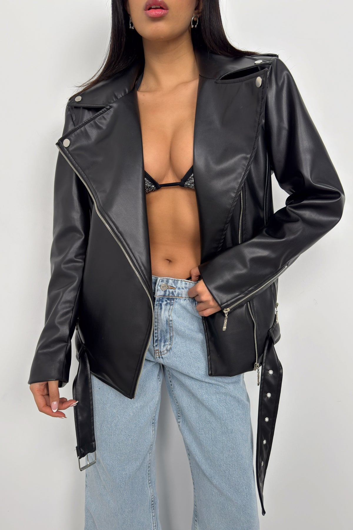 Vatkalı Oversize Siyah Biker Ceket