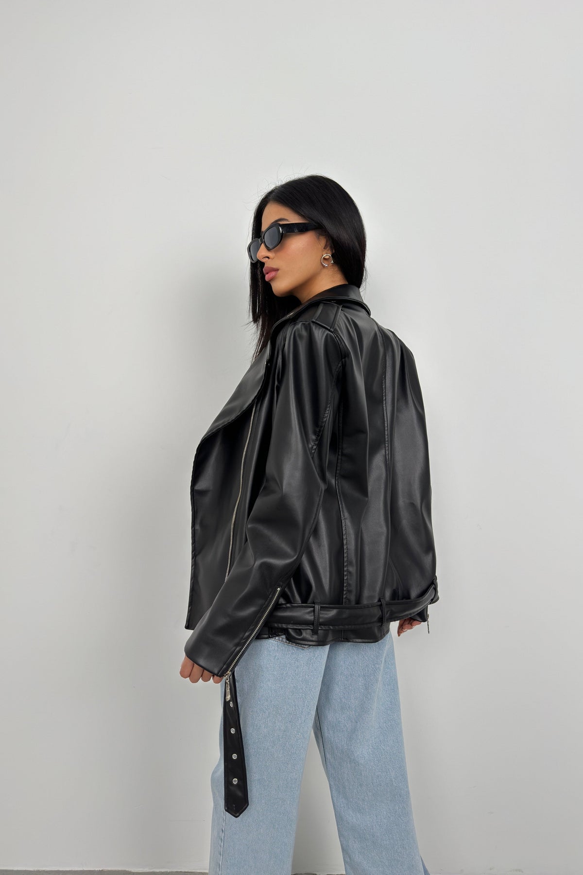 Vatkalı Oversize Siyah Biker Ceket