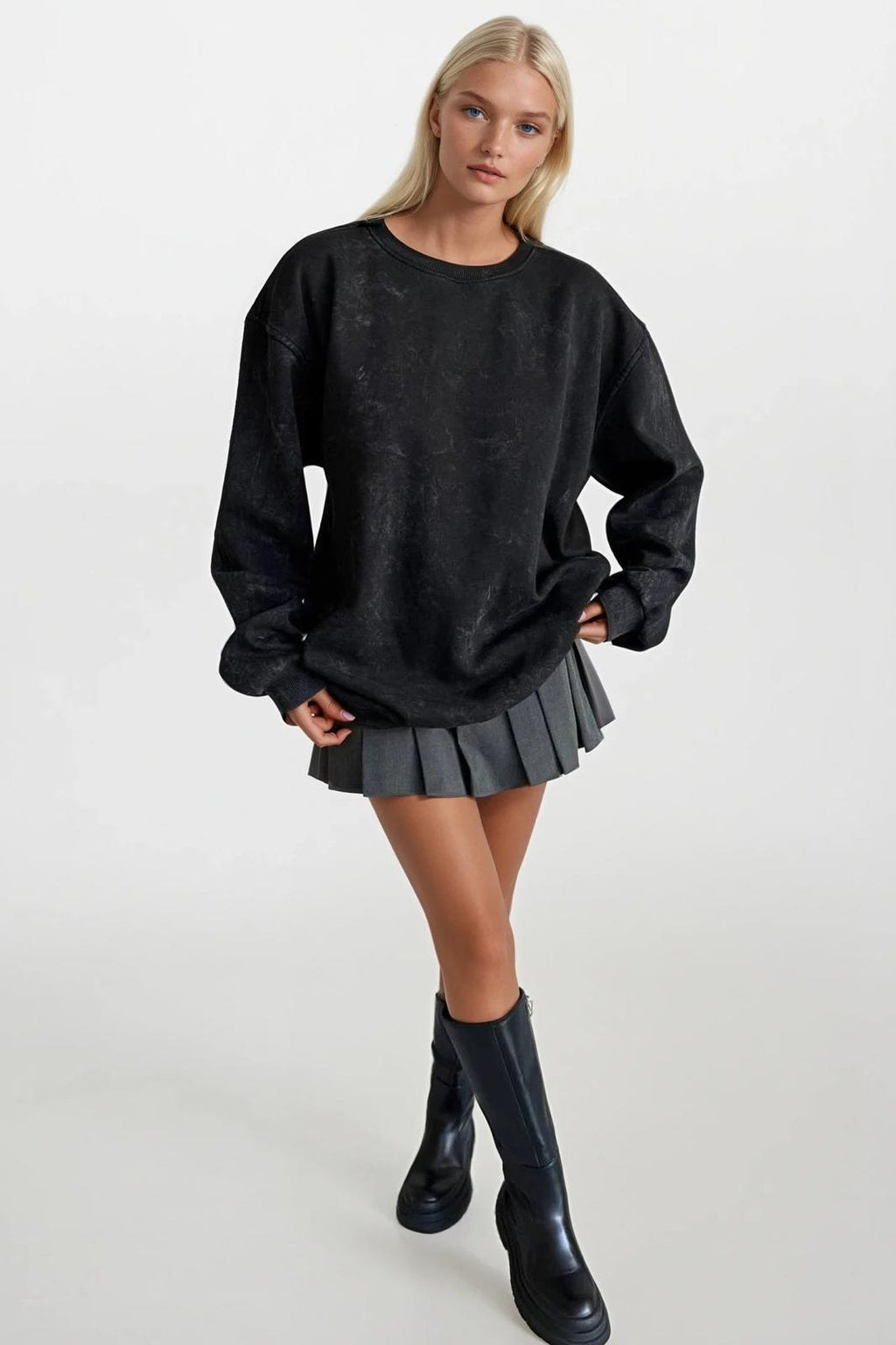 Yıkamalı Oversize Siyah Sweatshirt
